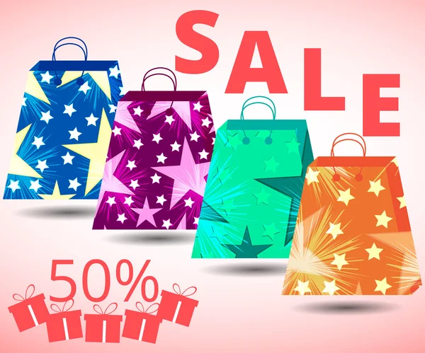 Beautiful shopping bags. Sales, discounts, percent. Gift packaging. Packets. Vector illustration. — Stock Vector