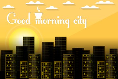 Şehrin üzerinde gündoğumu. Şehir sabah. Günaydın. Dawn. Vektör çizim.