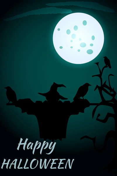 Halloween. Épouvantail sur le fond de la lune. Arbre à circuits, corbeaux. Illustration vectorielle . — Image vectorielle