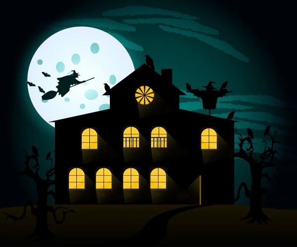 Casa con los fantasmas. Antigua mansión en el fondo de la luna. Bruja en una escoba, un espantapájaros, cuervos, murciélagos. Ilustración vectorial . — Vector de stock