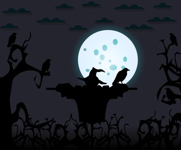 Halloween háttér. Madárijesztő a háttérben, a Hold és a felhők. Sziluettek a fák és a varjak sötét háttér előtt. Vektoros illusztráció. — Stock Vector