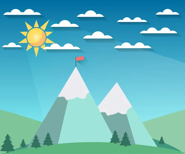 Landscape in a flat style with sun, clouds and mountains. The flag on top. Snow-covered hills. The long shadow. Vector illustration of a sunrise. — Stockvector