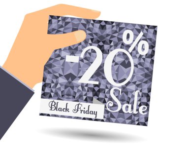 Discount coupons in hand. 20 percent discount. Special offer for holidays and weekends. Card on polygon background in dark colors. Design element in a flat style. clipart