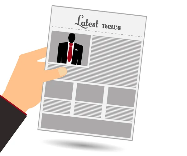 Hold in your hand a newspaper. Read the newspaper. Man in a suit and red tie. View news in the newspaper. Vector illustration. — Stockvector