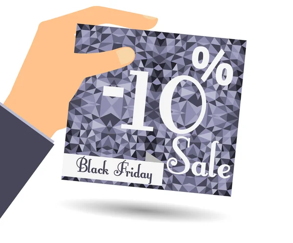 Discount coupons in hand. 10 percent discount. Special offer for holidays and weekends. Card on polygon background in dark colors. Design element in a flat style. — Stockvector