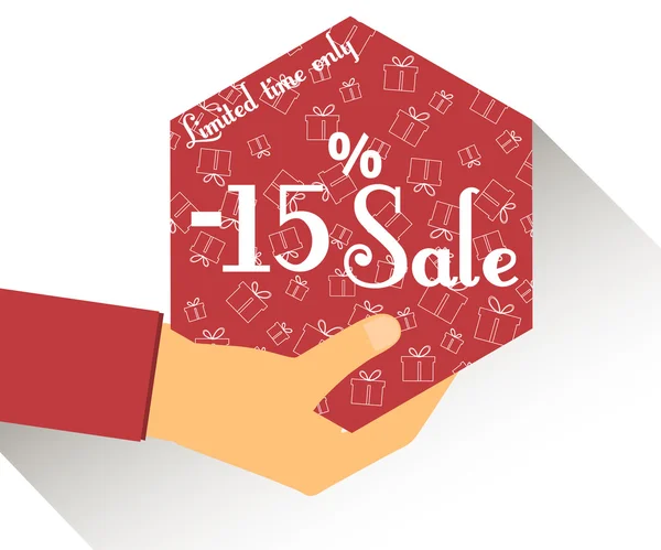 Discount coupons in hand. 15 percent discount. Special offer for holidays and weekends. Card with a seamless pattern of gift boxes. Design element in a flat style. — Stockový vektor