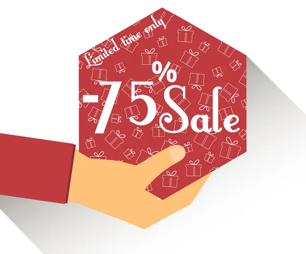 Discount coupons in hand. 75 percent discount. Special offer for holidays and weekends. Card with a seamless pattern of gift boxes. Design element in a flat style. — Stockový vektor