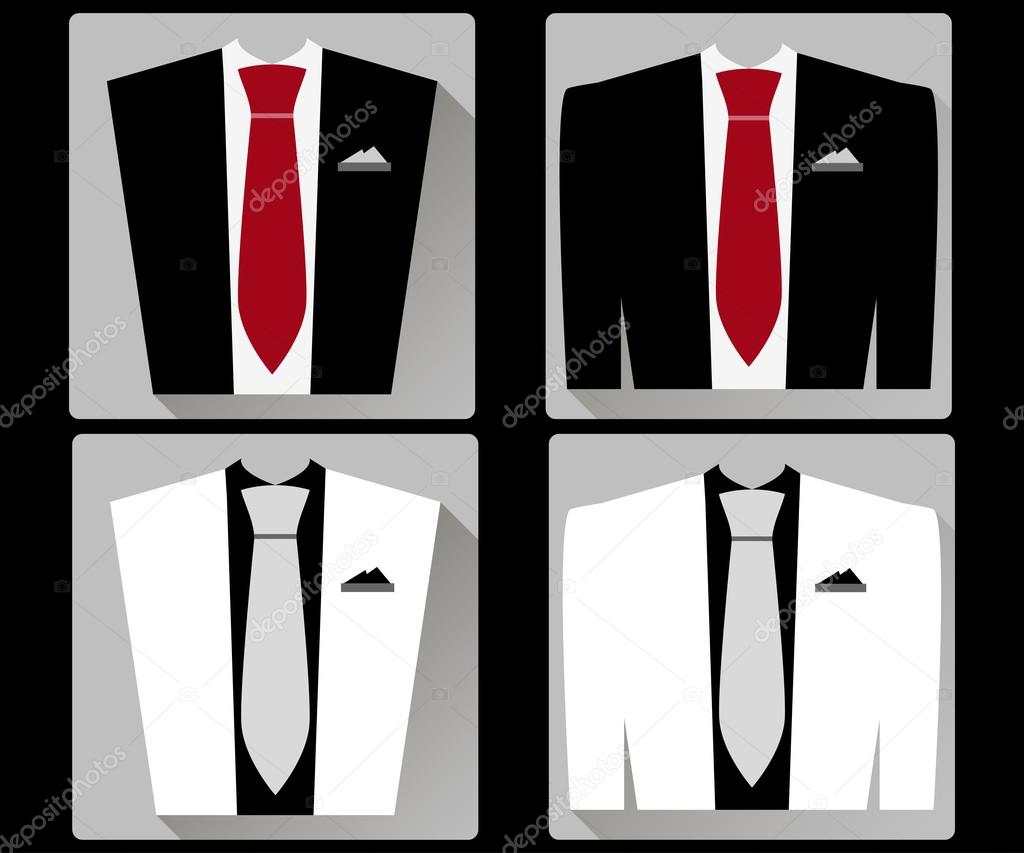 Jacket and vest with a tie in a flat style. White and black jacket. Red tie. Vector illustration.