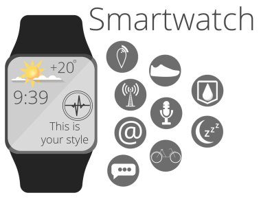 Smart watch. Application icons and function of smart hours. Fitness Tracker. Infographics. Vector illustration in a flat style. Grey.