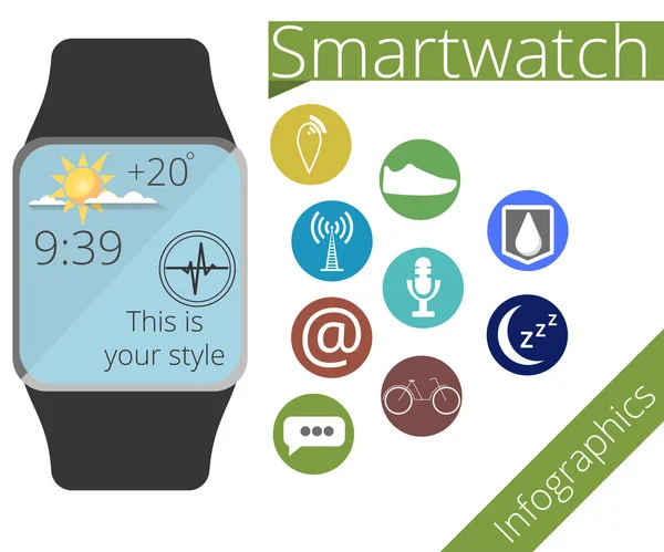 Smart watch. Application icons and function of smart hours. Fitness Tracker. Infographics. Vector illustration in a flat style. — 图库矢量图片