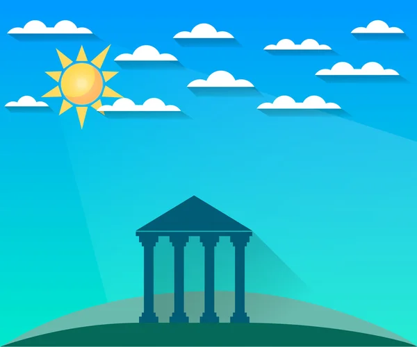 Greek and Roman architecture. The monument of architecture with columns in a landscape with clouds and sun. Sight. Vector illustration. — 스톡 벡터