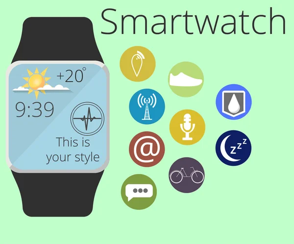 Smart watch. Application icons and function of smart hours. Fitness Tracker. Infographics. Vector illustration in a flat style. — 图库矢量图片