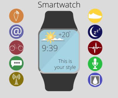 Smart watch. Application icons and function of smart hours. Fitness Tracker. Infographics. Vector illustration in a flat style.