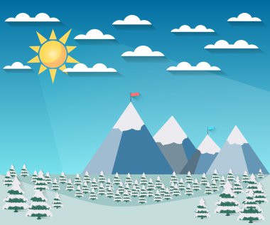 Winter landscape with a flat style. Sun with clouds over the mountain peaks. Snow-covered trees. The flag on top. The long shadow. Vector illustration.