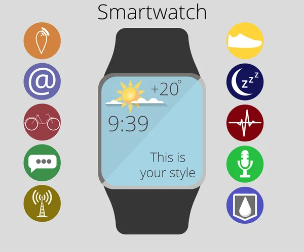 Smart watch. Application icons and function of smart hours. Fitness Tracker. Infographics. Vector illustration in a flat style. — 图库矢量图片
