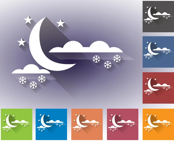 Погодные иконки установлены в плоском стиле. Тучи и снег. Луна. Многоцветные иконки для прогнозирования погоды . — стоковый вектор