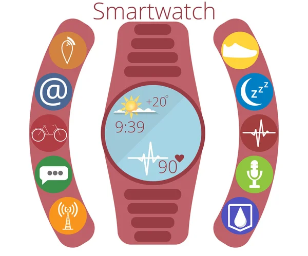 Smart watch. Application icons and function of smart hours. Fitness Tracker. Infographics. Vector illustration in a flat style. — 图库矢量图片