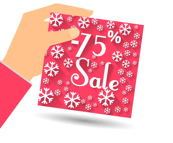 Winter sale. Discount 75 percent. Hand holds percent discount on the price. Gift card with a winter pattern with snowflakes in a flat style. — Stok Vektör