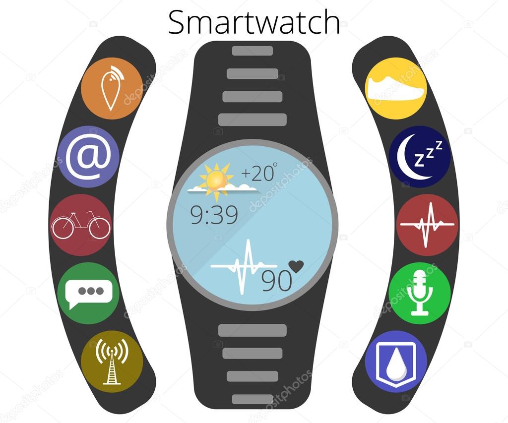Smart watch. Application icons and function of smart hours. Fitness Tracker. Infographics. Vector illustration in a flat style.