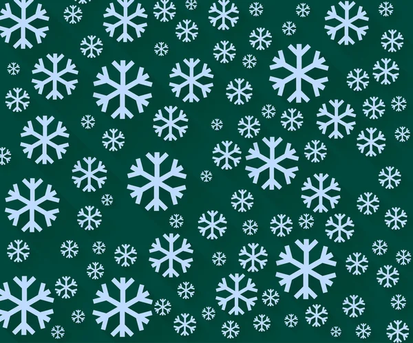 Flocos de neve em um fundo verde escuro. Fundo de inverno. Ilustração vetorial em estilo plano com sombras longas — Vetor de Stock