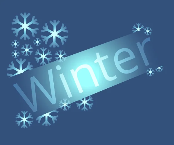 Inskription "vinter" på en blå bakgrund med ljusa blanka snöflingor. Vektor illustration. — Stock vektor