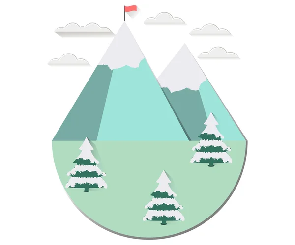 Winter landscape with a flat style. Sun with clouds over the mountain peaks. Snow-covered trees. The flag on top. The long shadow. Vector illustration. — 스톡 벡터