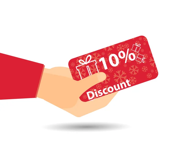 Discount coupons in hand. 10-percent discount. Special offer for holidays and weekends. Card with a pattern of snowflakes and gift boxes. Design element in a flat style. — 스톡 벡터