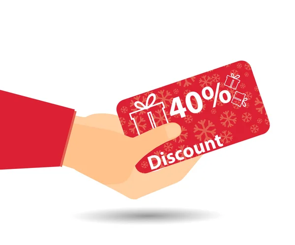 Discount coupons in hand. 40-percent discount. Special offer for holidays and weekends. Card with a pattern of snowflakes and gift boxes. Design element in a flat style. — 스톡 벡터