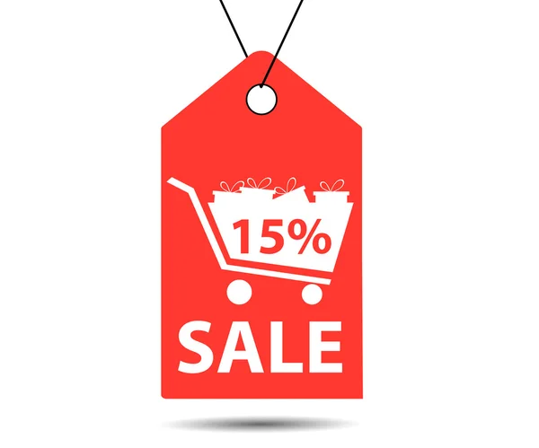 Sale tag. Label with 15 percent discount. The cart with gifts. — Stock vektor