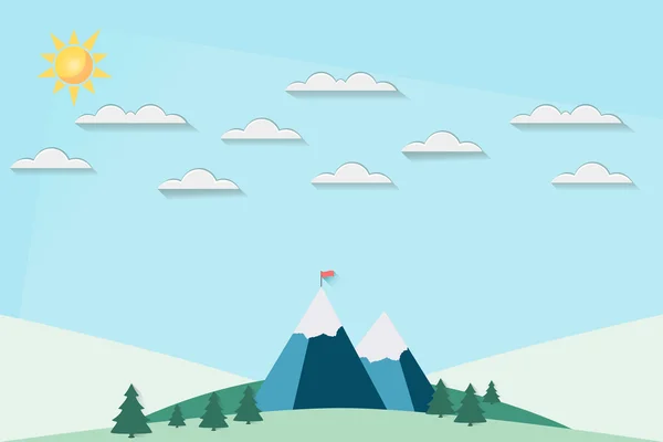 Paysage de style plat avec soleil, nuages et montagnes . — Image vectorielle