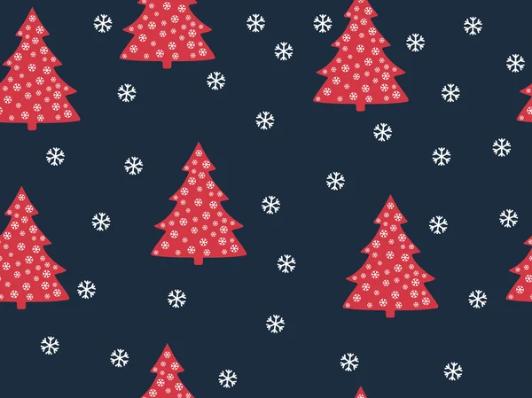 Bezešvé vzor. Vánoční stromky a sněhové vločky na červené pozadí — Stockový vektor