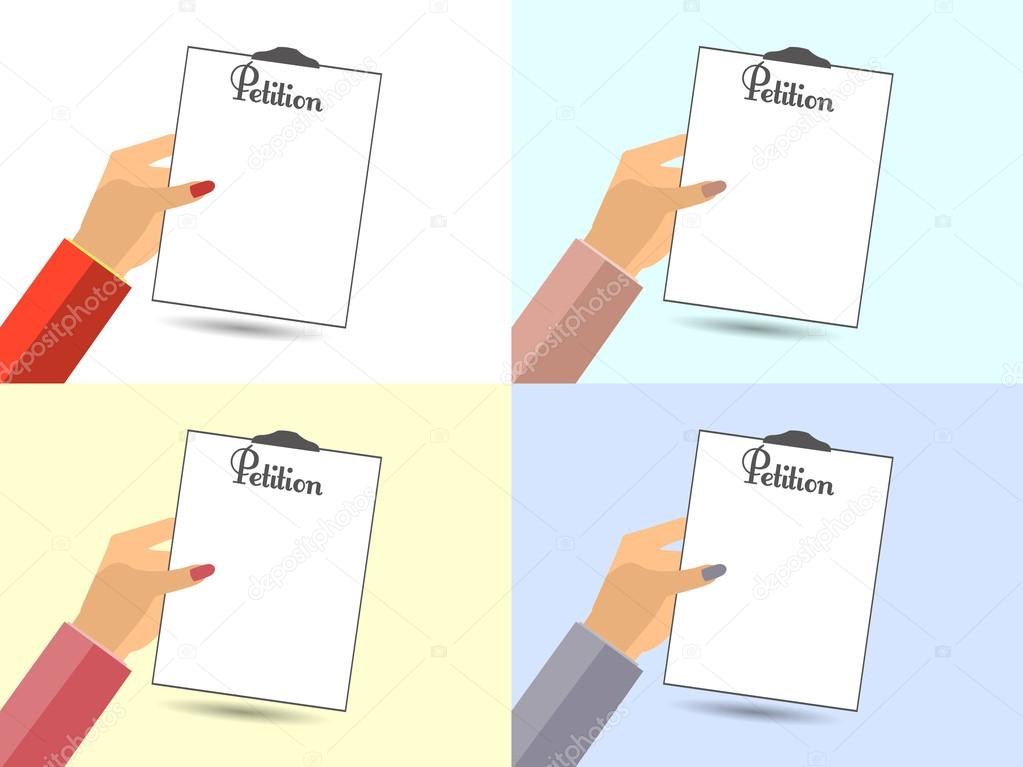 The petition in hand. Vector illustration in a flat style. Design element. Set.