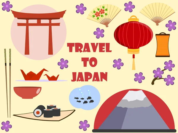 Japón. Viajar a Japón. Conjunto de caracteres. Conjunto de iconos planos . — Archivo Imágenes Vectoriales