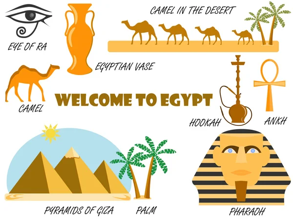Välkommen till Egypten. Symboler för Egypten. Uppsättning ikoner. Vektor. — Stock vektor