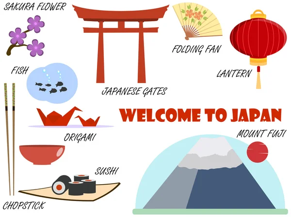 Welkom bij Japan. Symbolen van Japan. Set van pictogrammen. Vector. — Stockvector