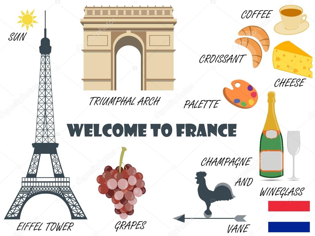 Welcome to France. Symbols of France. Set of icons. Vector.