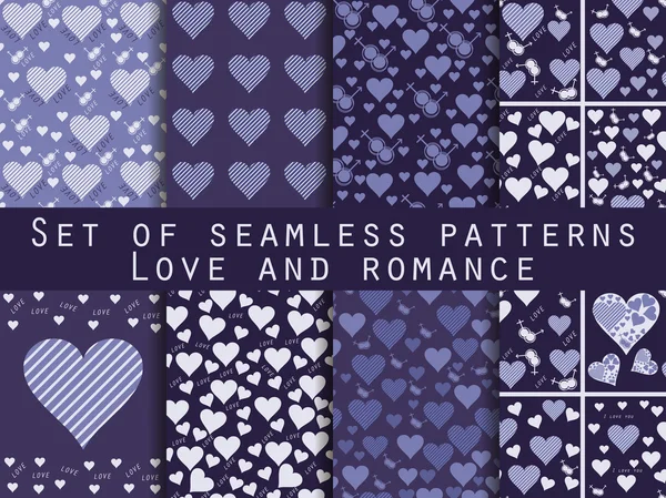 Reihe nahtloser Muster mit Herzen. Valentinstag. Liebesmuster. Blaue, violette und violette Farbtöne. — Stockvektor
