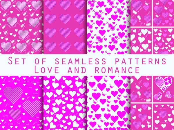 Set of seamless patterns with hearts. Valentine's Day. Love patterns. Pink color. — Stock Vector