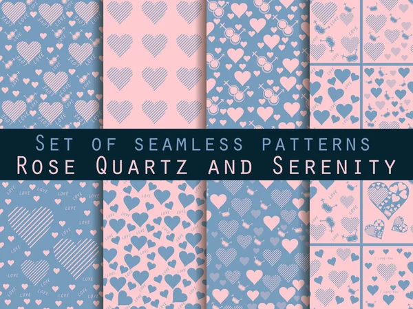 Set of seamless patterns with hearts. Love patterns. Rose quartz and serenity violet colors. — Stock Vector