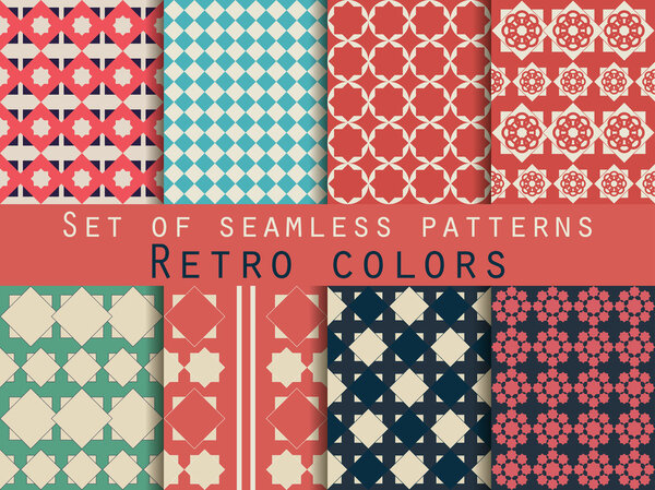 Set of seamless patterns. Rhombus and squares. Retro colors.