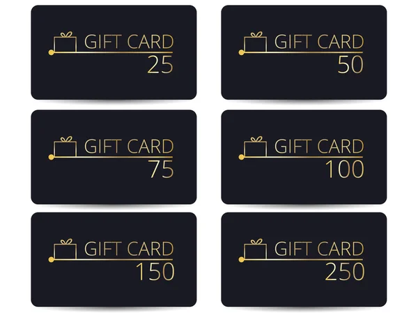 Tarjetas de regalo. Letras doradas en negro. Tarjeta de regalo elegante para clientes VIP. Caja de regalo de oro. Minimalismo . — Vector de stock