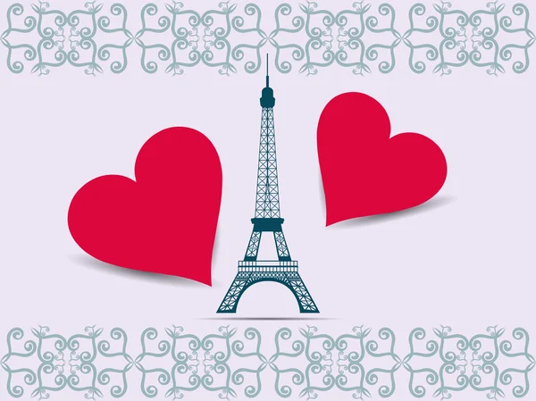 Torre Eiffel. ¡Valentine! Postal de la Torre Eiffel y los corazones. Ilustración vectorial . — Vector de stock