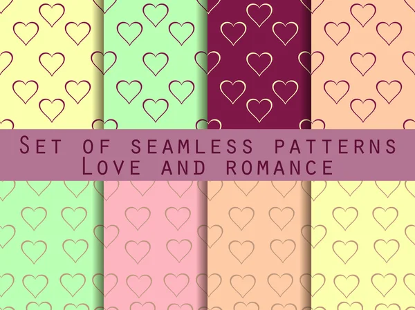 Liebe. Reihe nahtloser Muster mit Herzen. Valentinstag. Romantische Muster. Vektorillustration. — Stockvektor