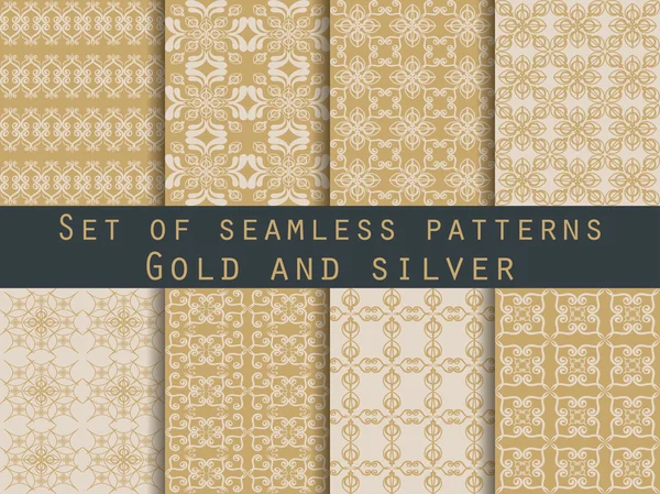 Set of seamless patterns. Geometric patterns. The pattern for wallpaper, tiles, fabrics and designs. Gold and silver color. — Stock Vector