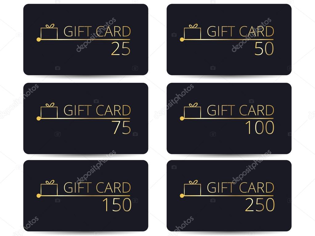 Gift cards set. Gold letters on a black. Stylish gift card for VIP clients. Gold gift box. Minimalism.