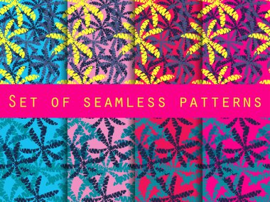 Palmiye ağaçları, palmiye ağacı yaprakları. Dikişsiz desen seti. Duvar kağıdı, yatak çarşafları, fayans, kumaşlar, arka planlar için şablon. Vektör çizim.