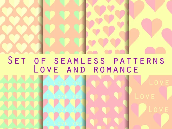 Set of seamless patterns with hearts. The inscription letters. Festive pattern for wrapping paper, wallpaper, tiles, fabrics, backgrounds. Vector illustration — ストックベクタ