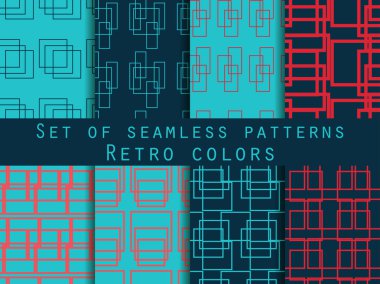 Set seamless patterns with lines and squares. Retro colors, blue, red and dark blue. The pattern for wallpaper, bed linen, tiles, fabrics, backgrounds. Vector illustration.