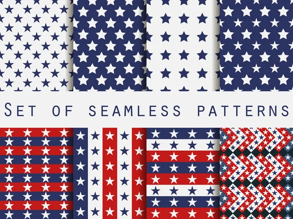 Stars. Set seamless patterns. Red, blue and white color. The pattern for wallpaper, bed linen, tiles, fabrics, backgrounds. Vector illustration. — Stock Vector