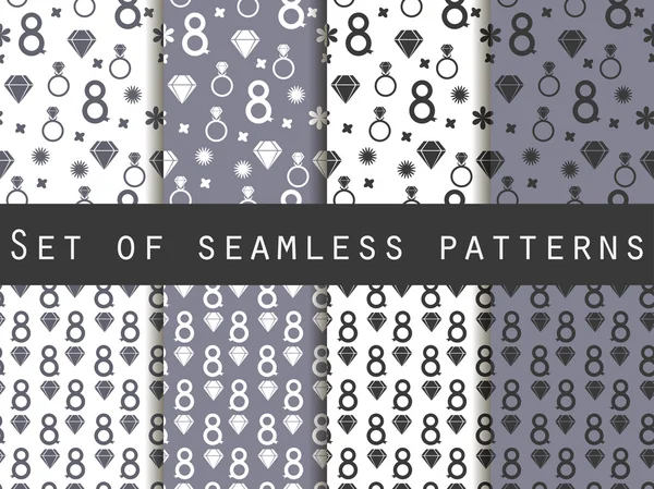 Set of seamless patterns on March 8. International Women's Day. Patterns with hearts, rings, flowers and diamonds. For wallpaper, bed linen, tiles, fabrics, backgrounds. Vector illustration. — Διανυσματικό Αρχείο